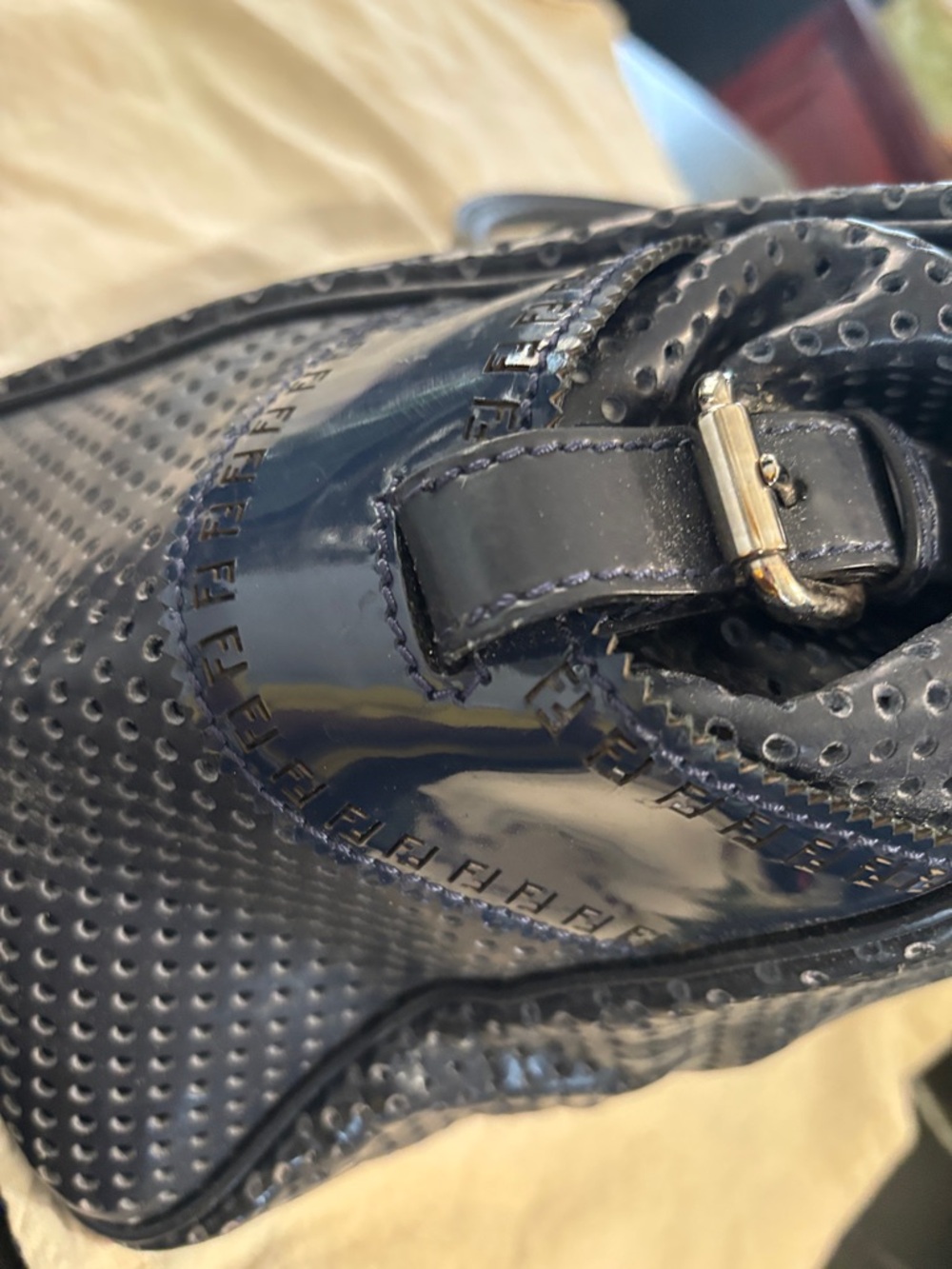Fendi navy blue Perforated Leather Shoulder Bag with Logo Detail - Picture 4 of 8